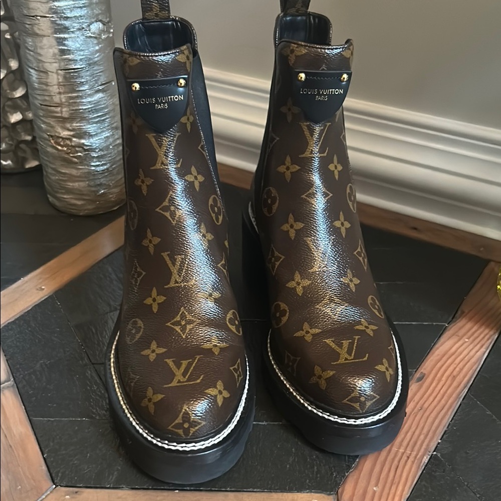 Louis Vuitton Brown and Black Ankle Boots with Iconic Monogram